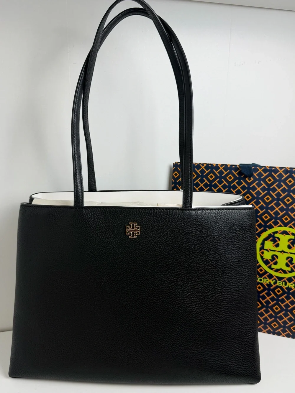 Tory Burch Britten Black Leather Top-Handle Tote with White Trim